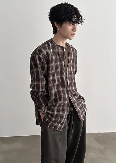 【Very Fewest】Natural U-neck design basic check long sleeve shirt  VF0032