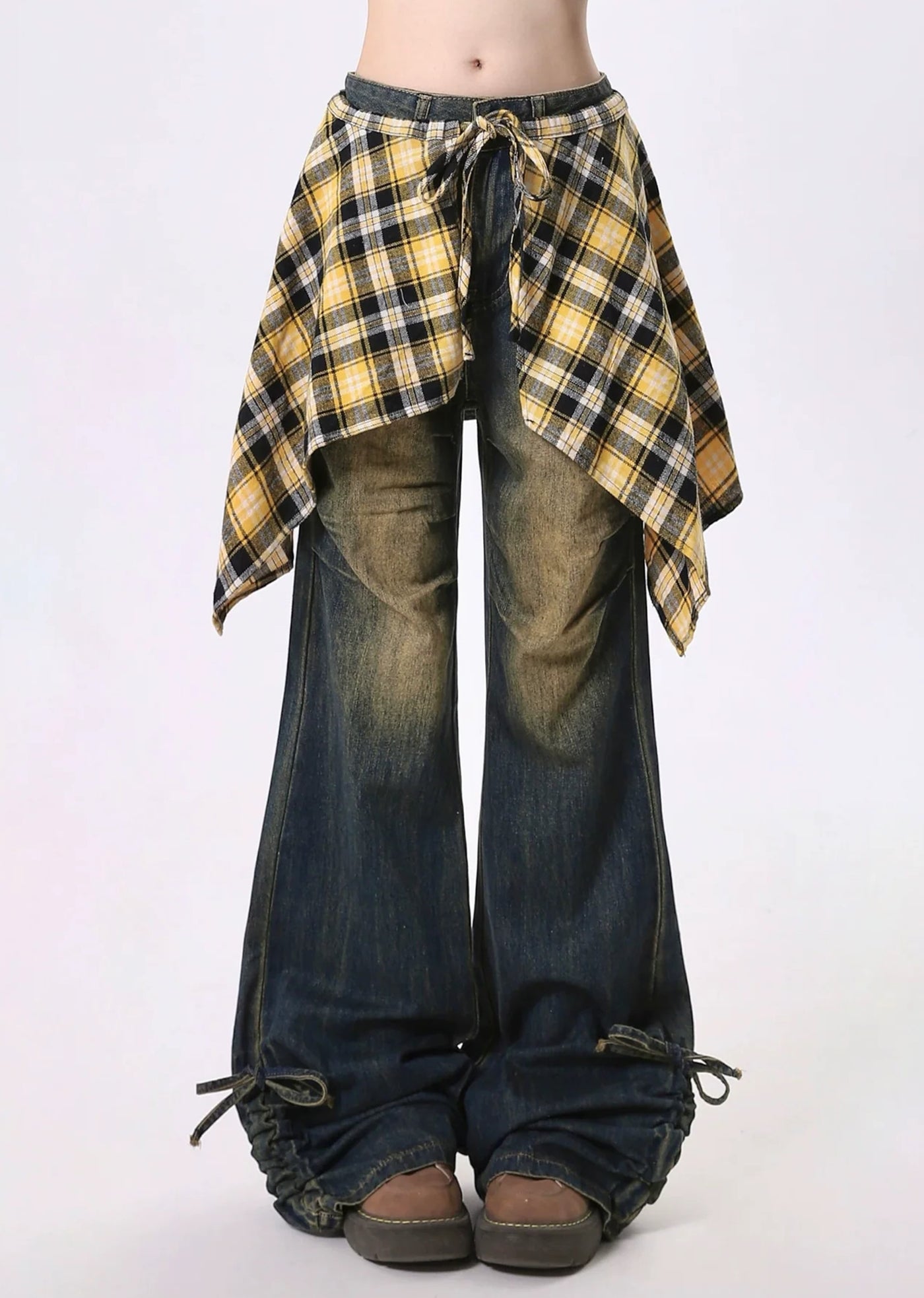 【Rayohopp】Waist check design mid-wash flared silhouette denim pants  RH0124