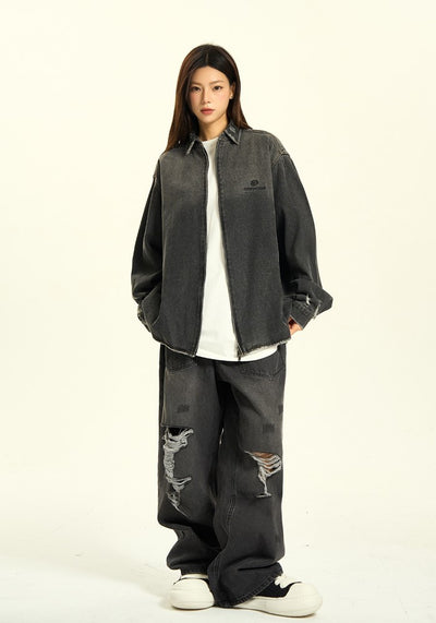 【H GANG X】Gradient black color basic style denim jacket  HX0095