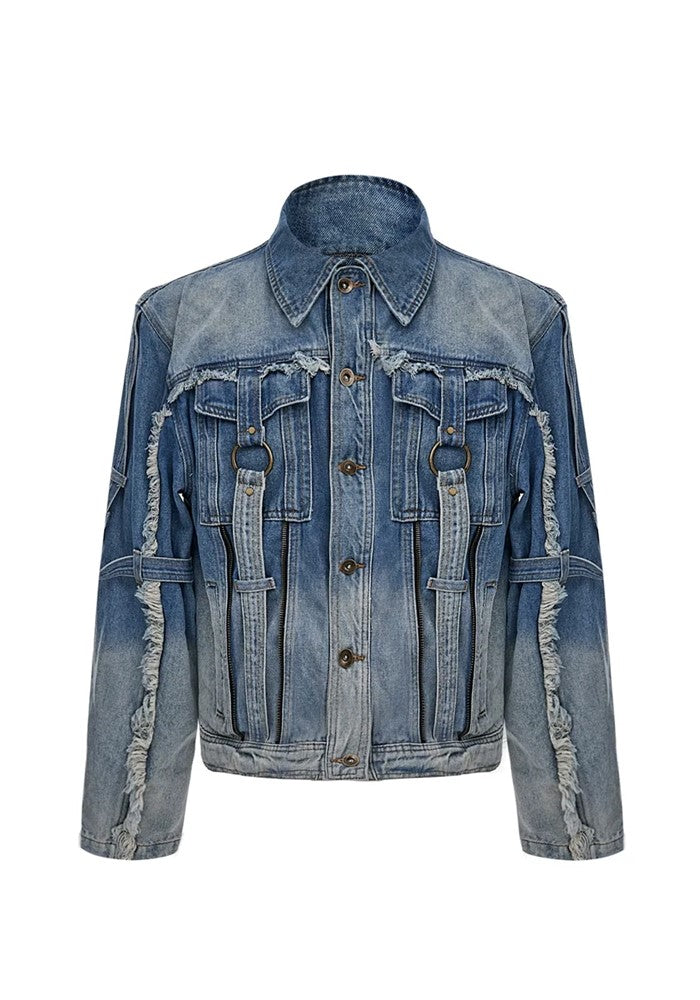 【Culture E】Washed distressed gimmick silhouette design denim jacket  CE0159