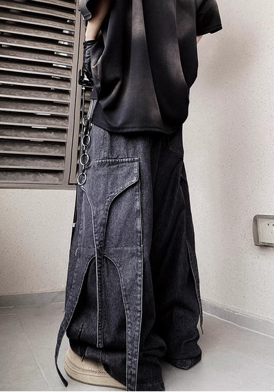 【UUCSCC】Side suspender design gimmick wide denim pants  US0068