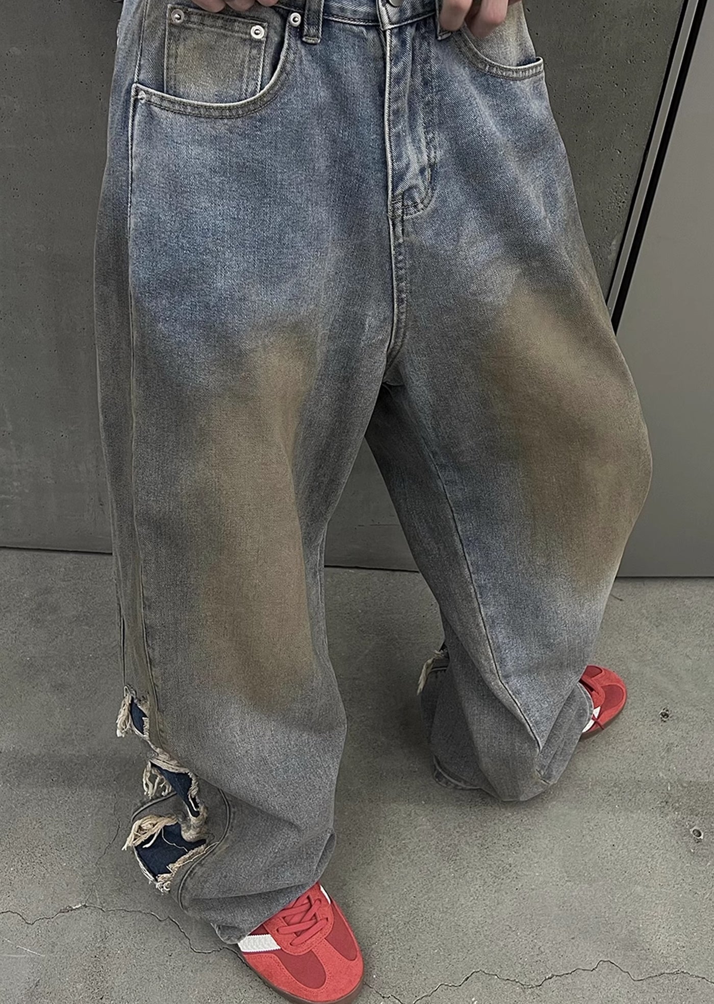 【SOULWORKER】Dull wash finish soil stain color wide denim pants  SW0023