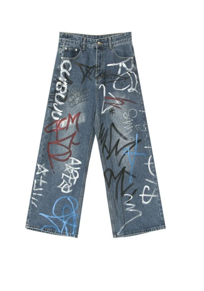 【CUIBUJU】Countless graffiti design casual street wide denim pants  CB0052