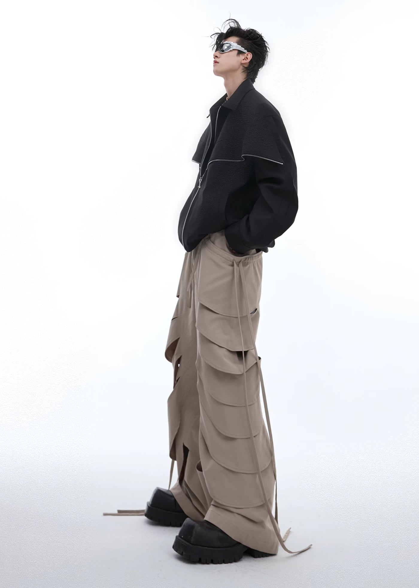 【Culture E】Countless Cut Wide silhouette multi-varied design slacks leather pants  CE0145