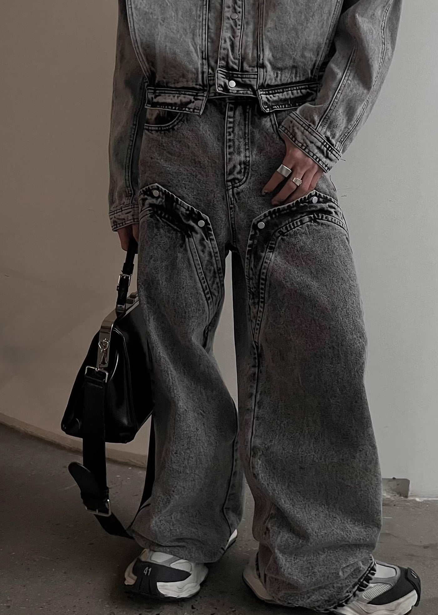 【SOULWORKER】Double fabric design gray color acid denim pants  SW0016