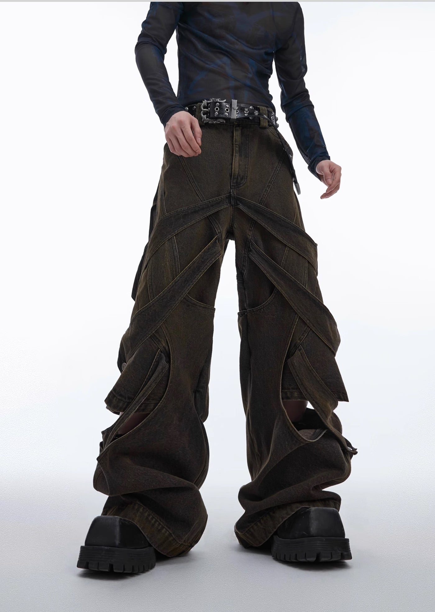 【Culture E】Dull wash cross infinity design denim wide pants  CE0146