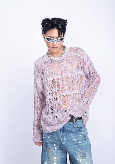 【PLAN1ONE】Mesh-like fully distressed accent fleur knit sweater  PL0044