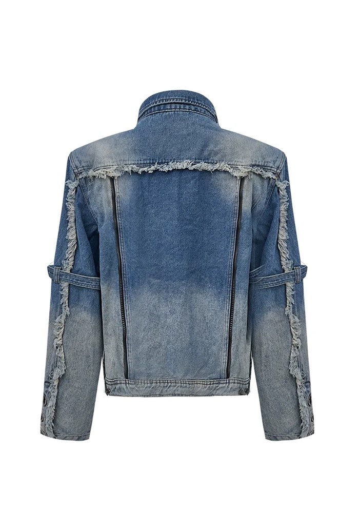 【Culture E】Washed distressed gimmick silhouette design denim jacket  CE0159