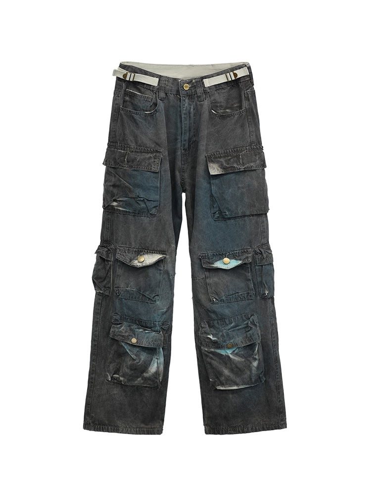 [FUZZYKON] Tie dye three-dimensional pocket street wide leg pants FK0012