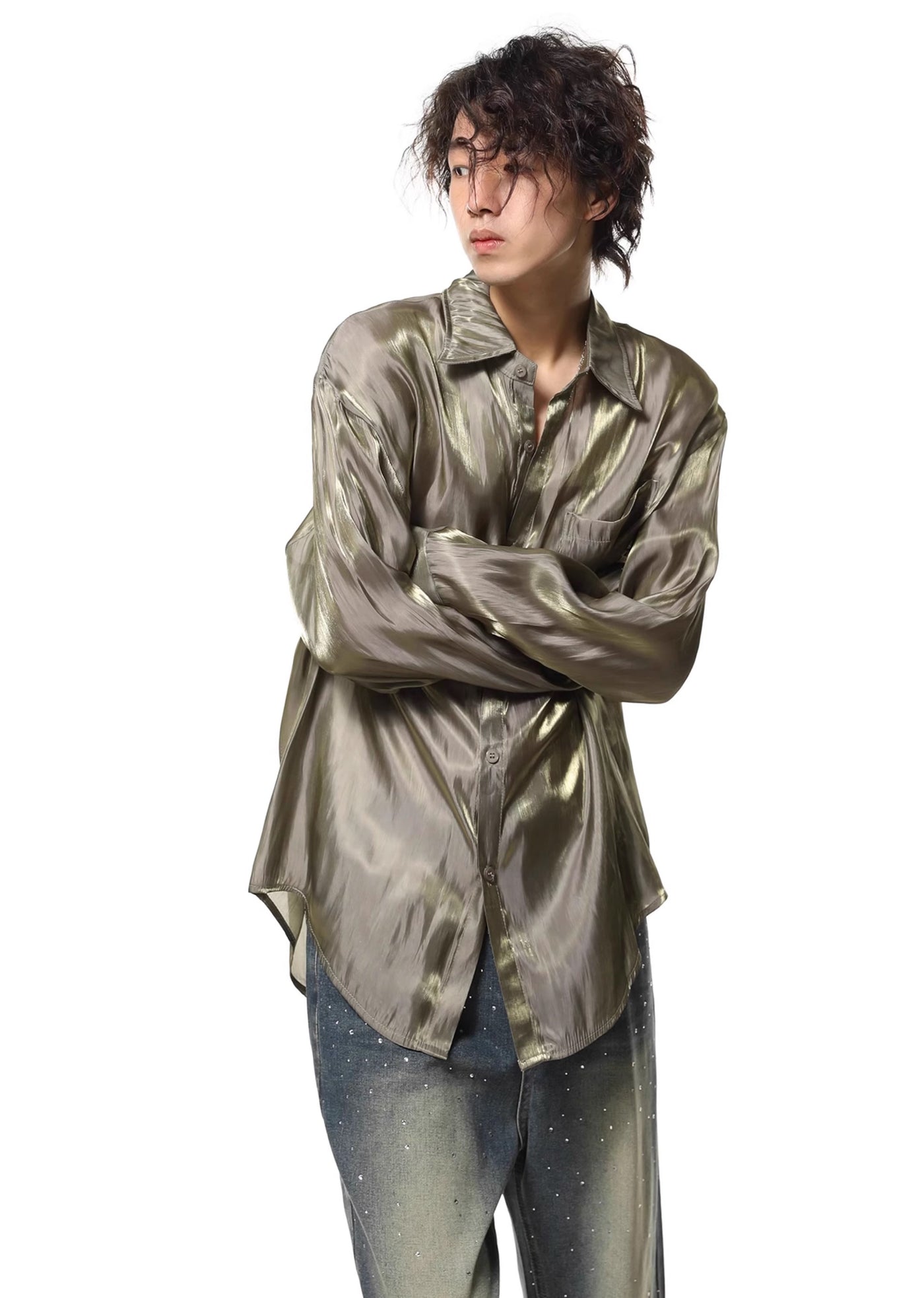 【Future Boy】Glossy design loose silhouette mind long sleeve shirt  FB0005