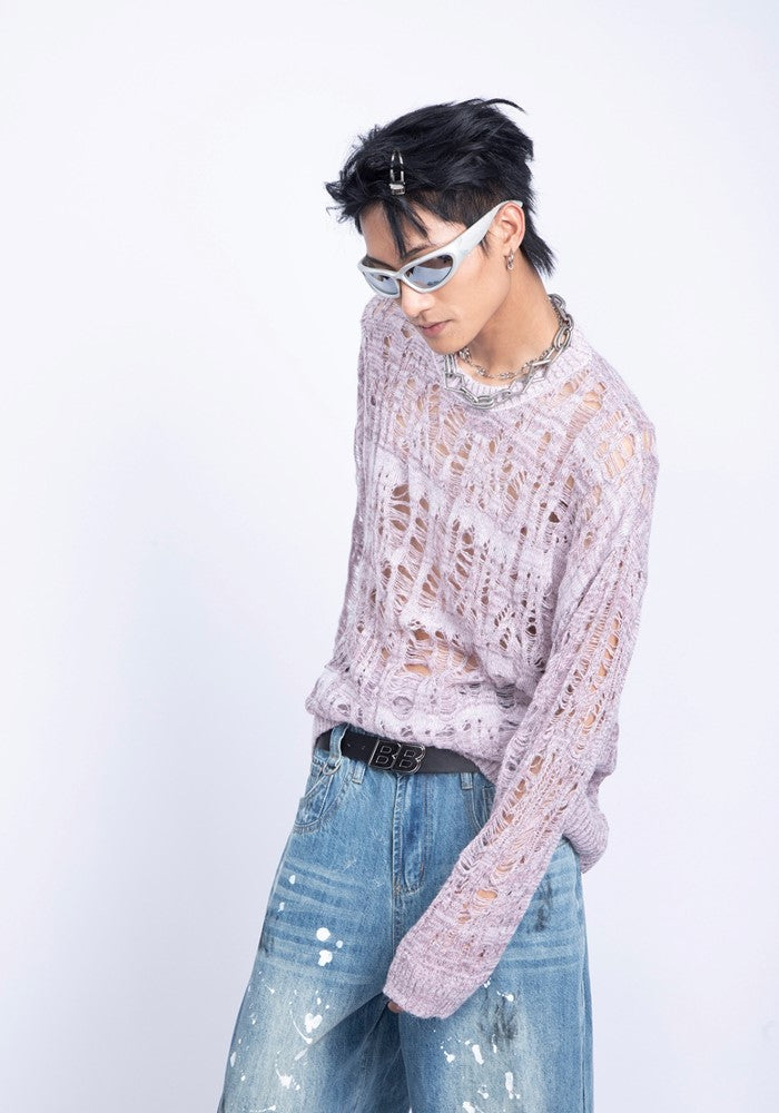 【PLAN1ONE】Mesh-like fully distressed accent fleur knit sweater  PL0044