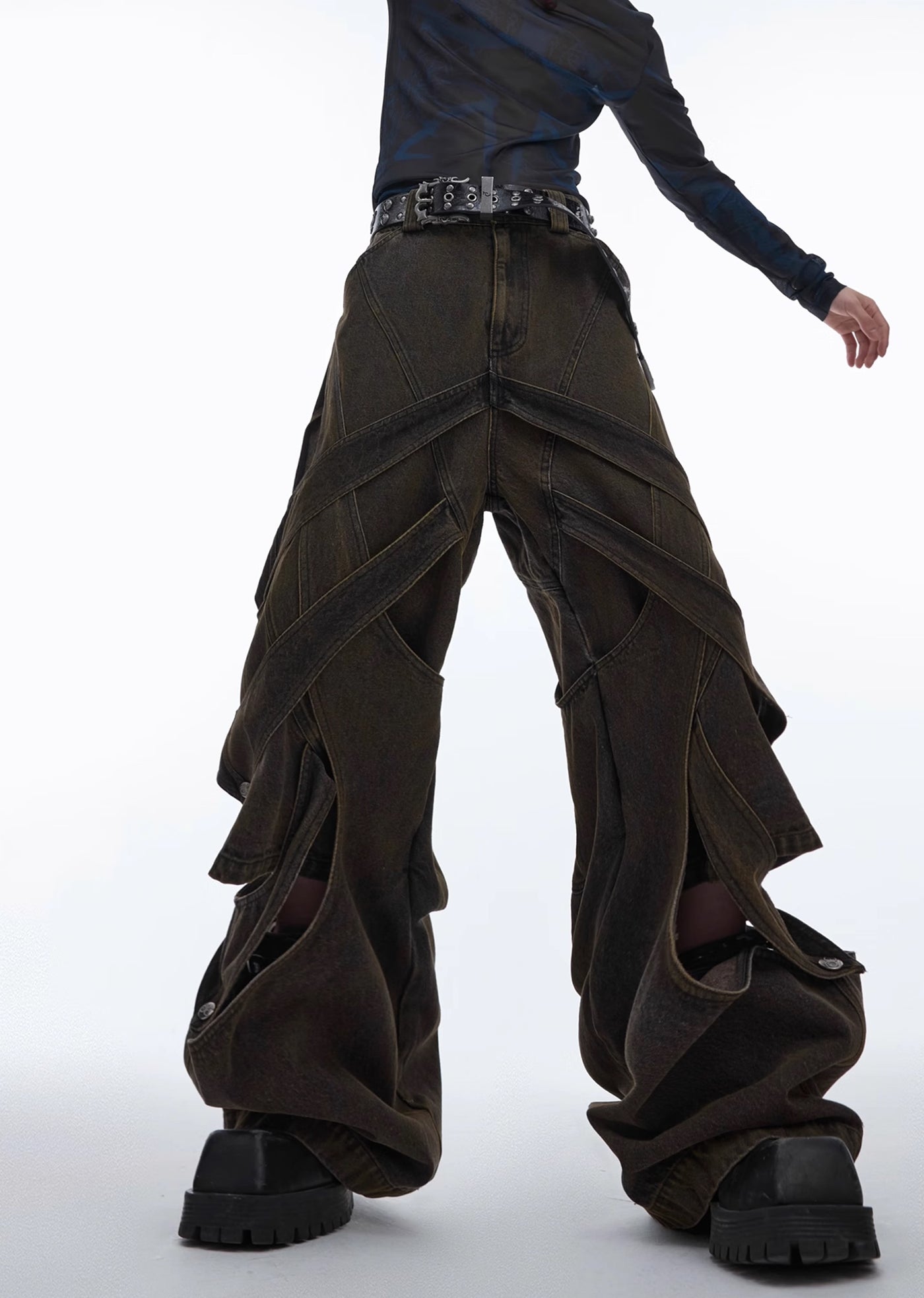 【Culture E】Dull wash cross infinity design denim wide pants  CE0146