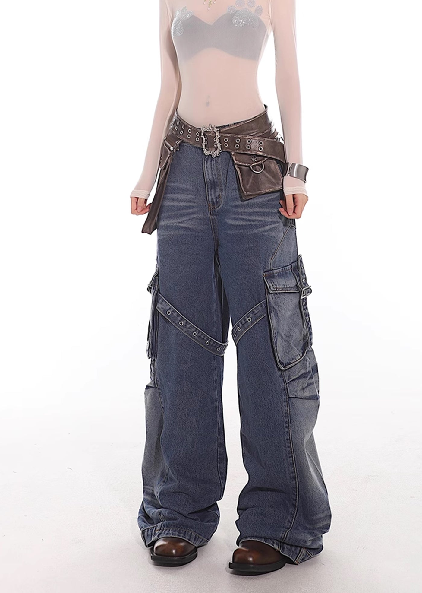 【UNCMHISEX】Side pocket suspender design grunge wash denim pants  UX0033
