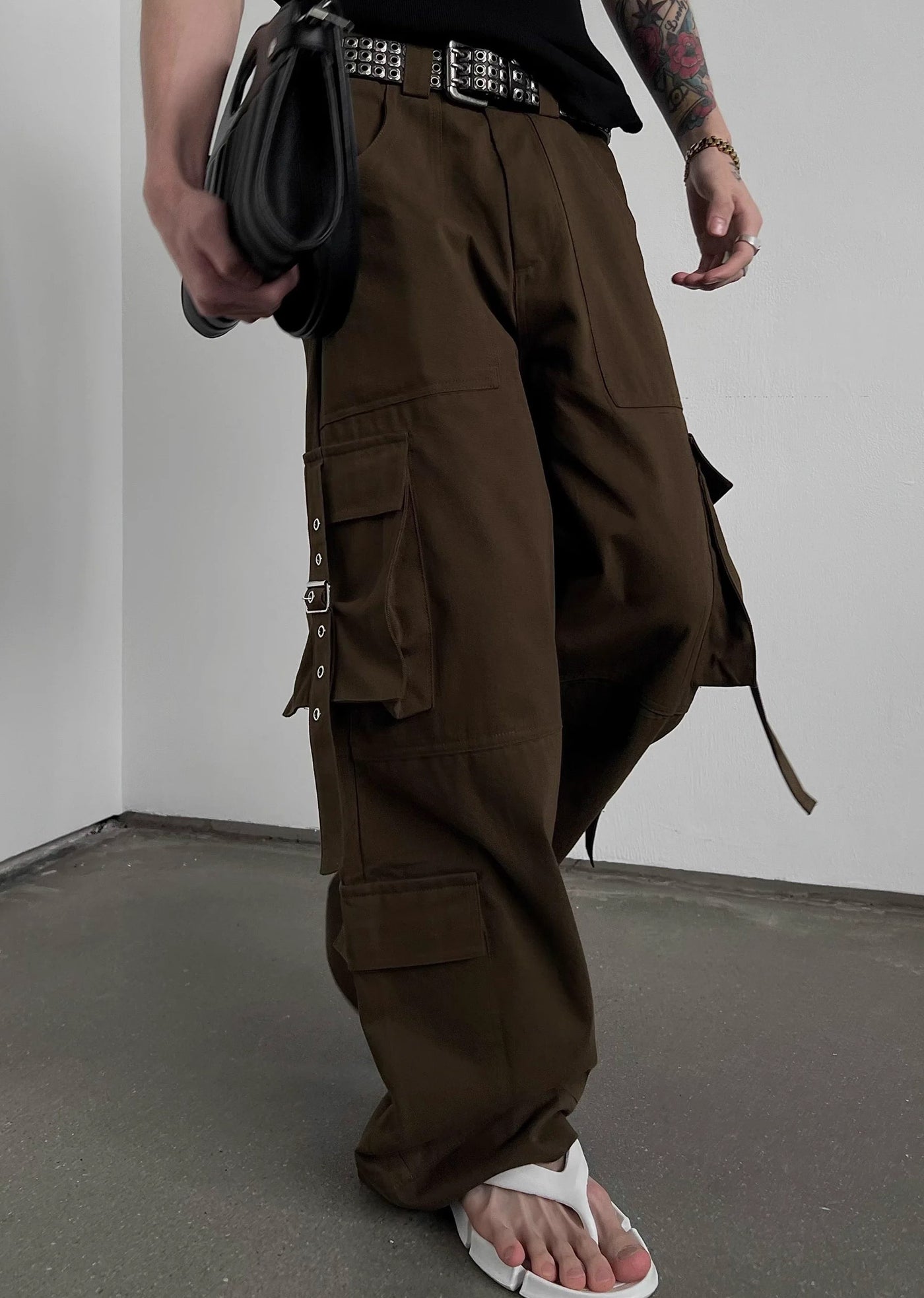 【SOULWORKER】Side suspender design wide style loose cargo pants  SW0029