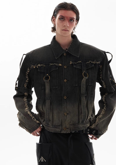 【Culture E】Washed distressed gimmick silhouette design denim jacket  CE0159