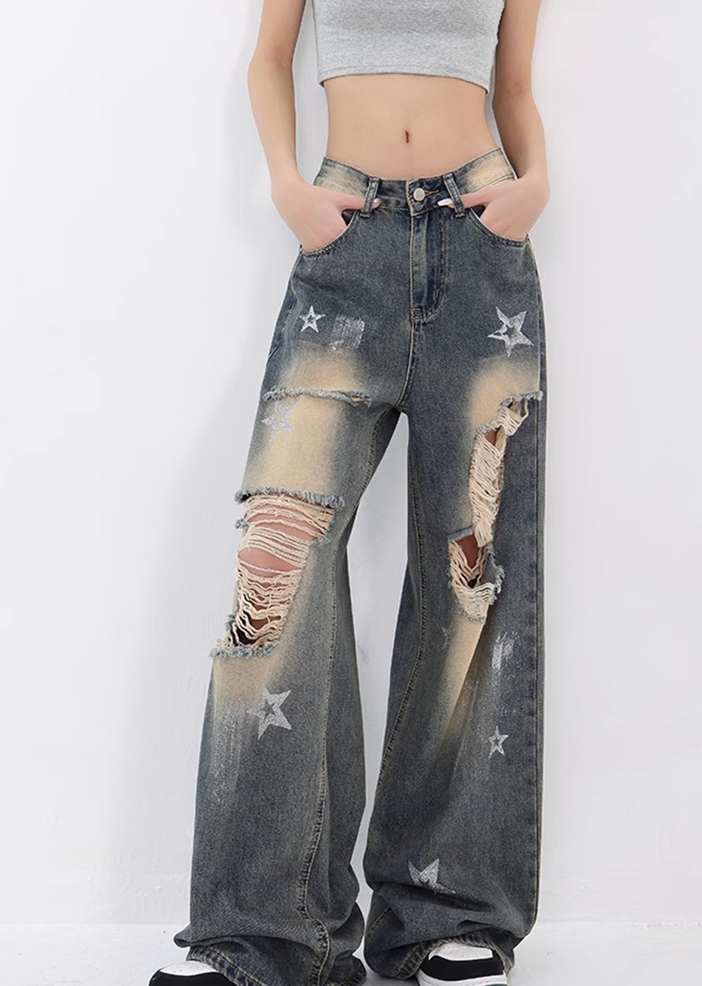 【Ken studio】Star pattern distressed full metal wide denim pants  KS0008