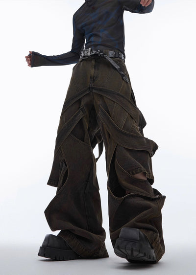 【Culture E】Dull wash cross infinity design denim wide pants  CE0146