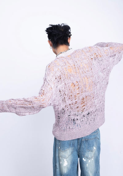 【PLAN1ONE】Mesh-like fully distressed accent fleur knit sweater  PL0044