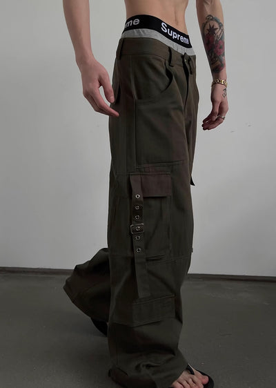 【SOULWORKER】Side suspender design wide style loose cargo pants  SW0029