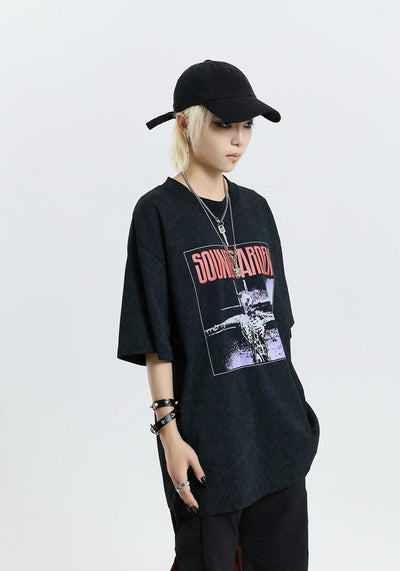 【MICHINNYON】Front illustration band over design short sleeve T-shirt  MY0007