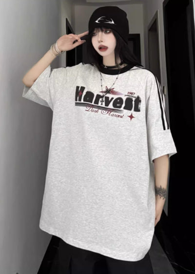 【W3】Front initial design bicolor style short sleeve T-shirt  WO0049