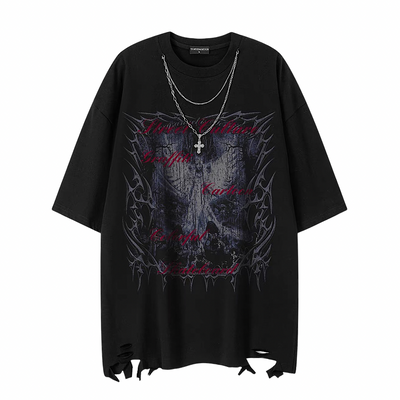 【NIHAOHAO】Dark front illustration design distressed oversized short-sleeved T-shirt  NH0237