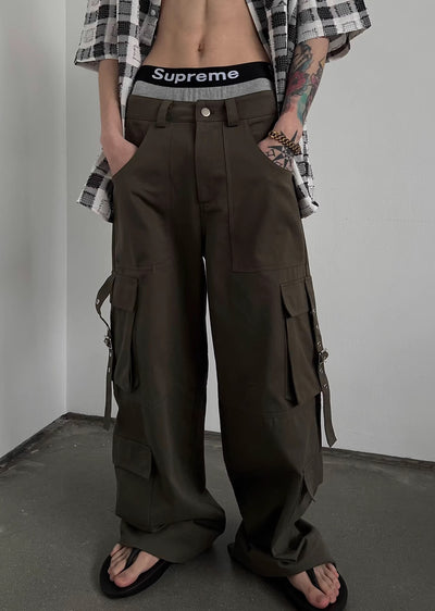 【SOULWORKER】Side suspender design wide style loose cargo pants  SW0029