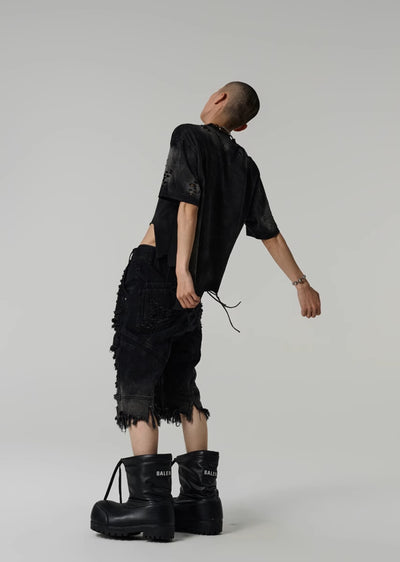 【FLYERRER】Mid-length distressed short silhouette design dark denim pants  FE0010