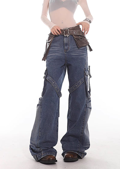 【UNCMHISEX】Side pocket suspender design grunge wash denim pants  UX0033