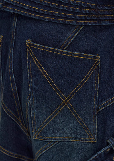 【FLYERRER】Navy blue infinite suspender design multi cargo denim pants  FE0008