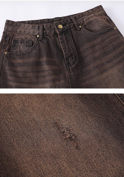 【MR nearly】Dirt washed brown color half silhouette denim pants  MR0123