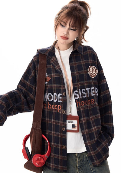 【H GANG X】College logo design American casual style over check long sleeve shirt  HX0093