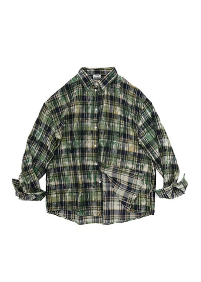 【GIBBYCNA】Random damage regular check pattern design long sleeve shirt  GC0012