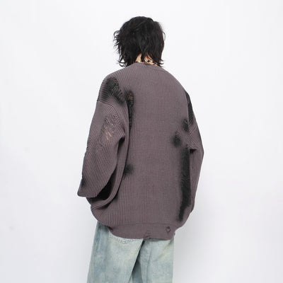 【Mz】Dark dull purple point wash line damage knit sweater  MZ0040