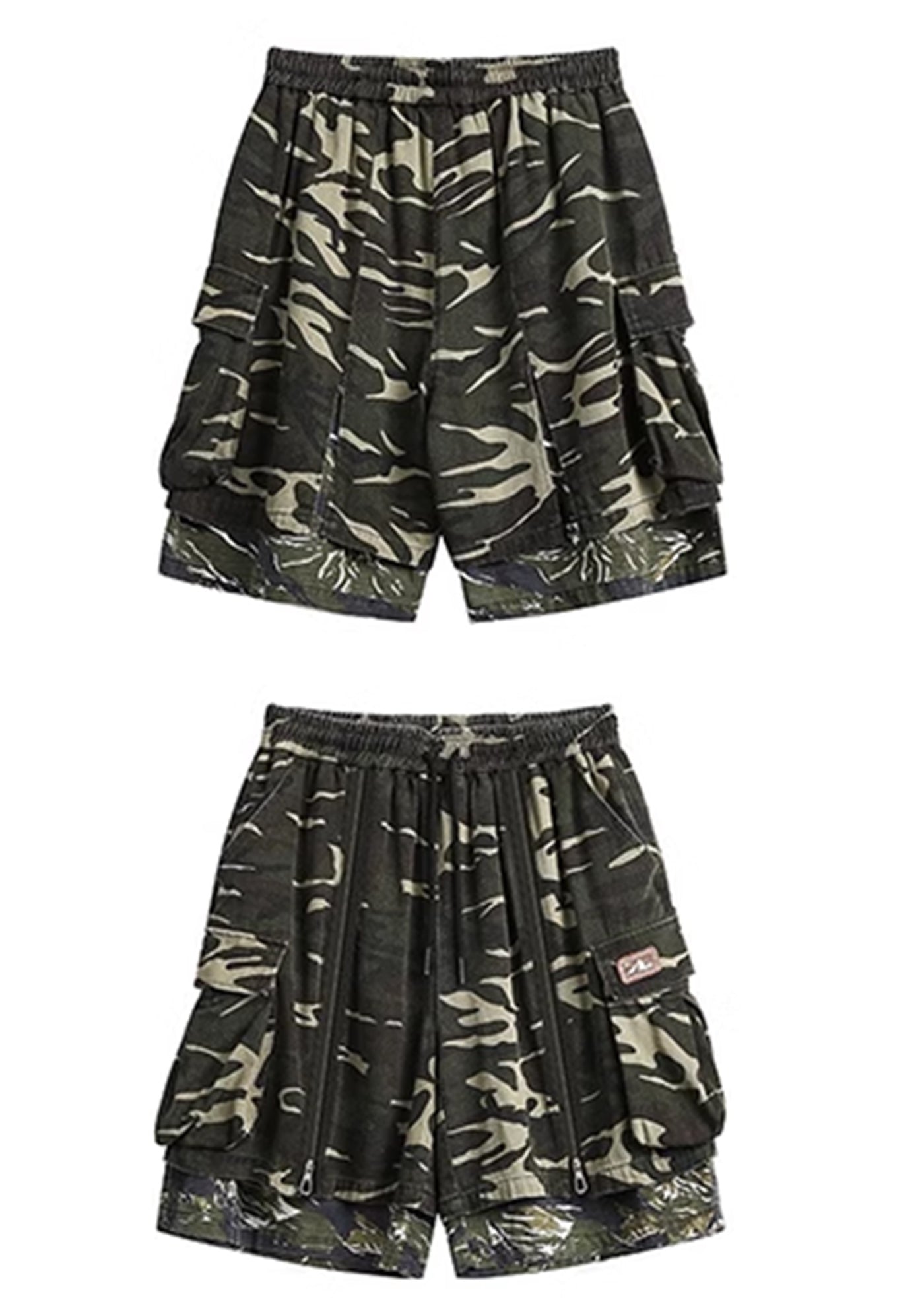 【BLACK BB】Unique full zip design camouflage pattern half silhouette pants  BK0040