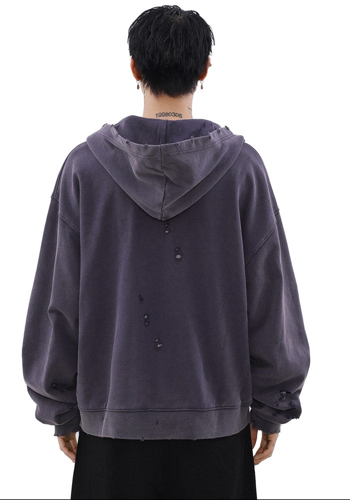 【MR nearly】Dull base color mid-length design damaged full zip hoodie  MR0142