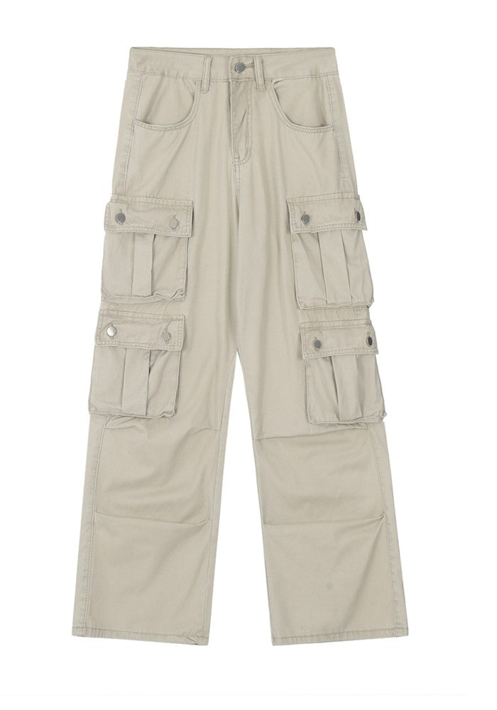 【W3】Double pocket wide silhouette base muted color cargo pants  WO0082