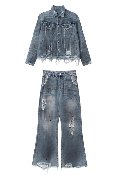 【CUIBUJU】Vintage faded washed distressed denim setup  CB0042