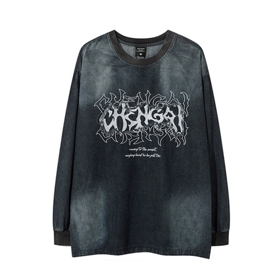 【NIHAOHAO】Dark subculture dull wash design initial long sleeve T-shirt  NH0155