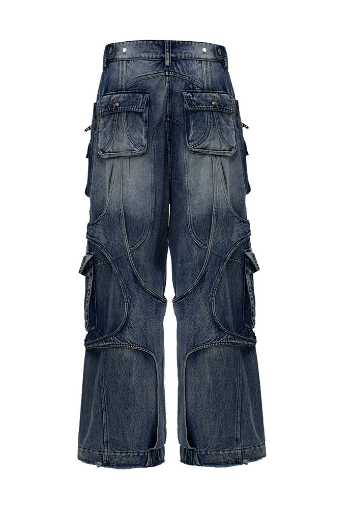 【Culture E】Wide gimmick silhouette mid-wash chain denim cargo pants  CE0155