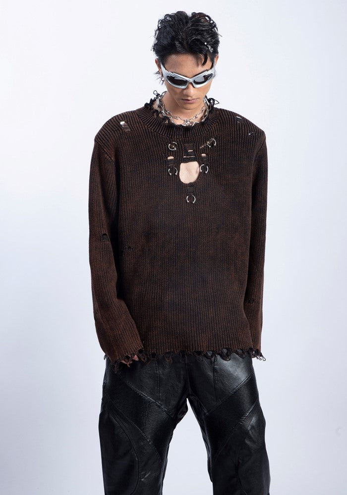 【PLAN1ONE】Tight silhouette mid-length distressed long-sleeved T-shirt  PL0042