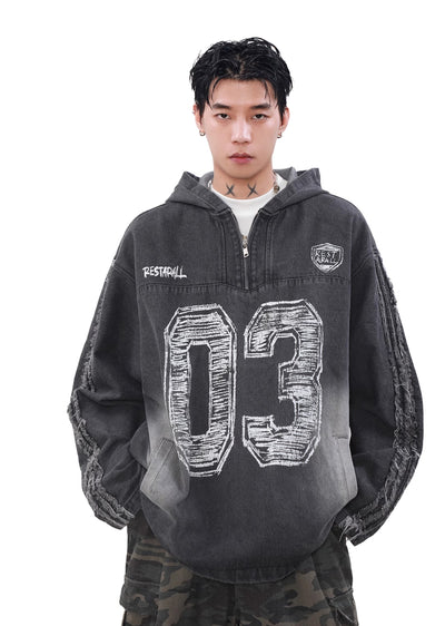 【MR nearly】Dull wash design number initial half zip hoodie  MR0132