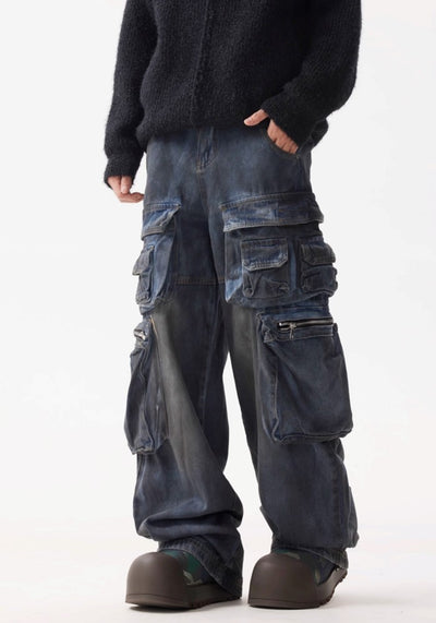 【BTSG】Dull blue wash design cargo denim pants  BS0047