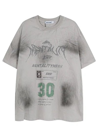 【MR nearly】Grunge wash multi-point initial design short sleeve T-shirt  MR0120