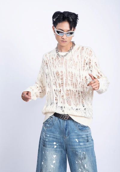 【PLAN1ONE】Mesh-like fully distressed accent fleur knit sweater  PL0044