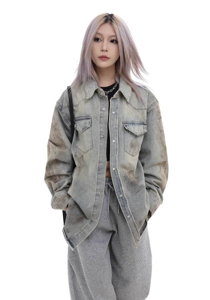 【GIBBYCNA】Claude wash mid-length oversized long-sleeved denim shirt  GC0027