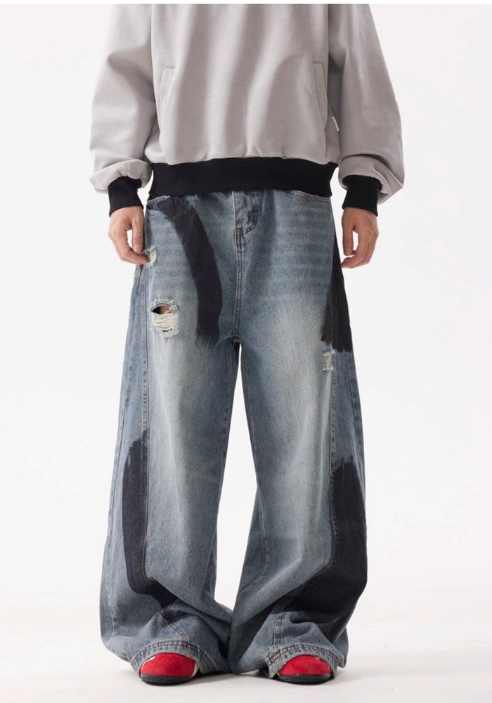 【BTSG】Wide style denim pants with black painted parts  BS0050