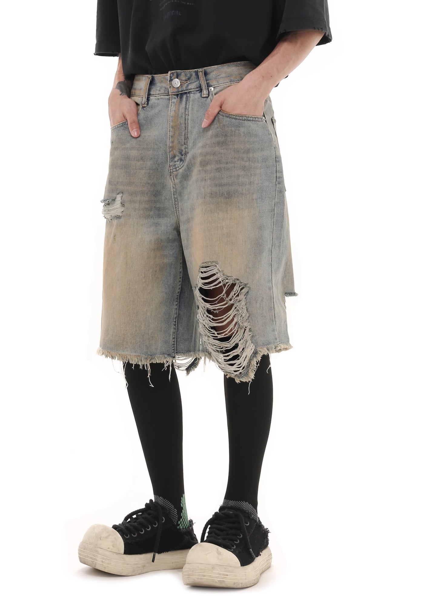 【GIBBYCNA】Multi-distressed design short silhouette denim pants  GC0016