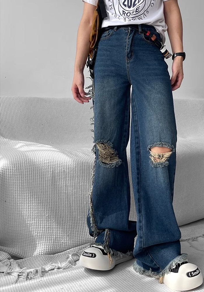 【SHUNP】Double knee Distressed basic design blue denim pants  SP0010