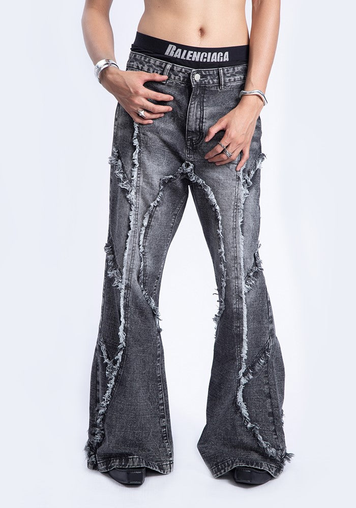 【PLAN1ONE】Double fringe distressed design washed denim pants  PL0047